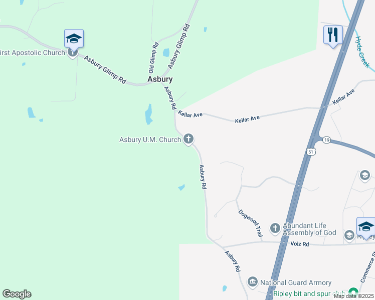 map of restaurants, bars, coffee shops, grocery stores, and more near 1263-1267 Asbury Road in Ripley