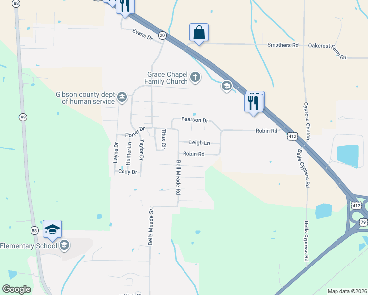 map of restaurants, bars, coffee shops, grocery stores, and more near 46 Leigh Lane in Bells