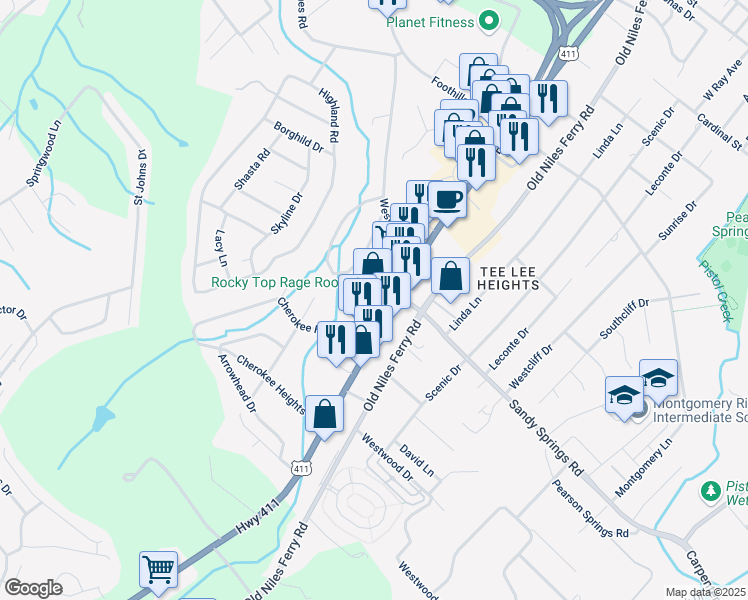 map of restaurants, bars, coffee shops, grocery stores, and more near 1793 West Broadway Avenue in Maryville