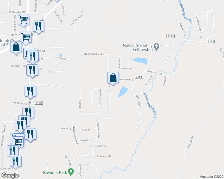 map of restaurants, bars, coffee shops, grocery stores, and more near 1120 Ingram Drive in Asheboro