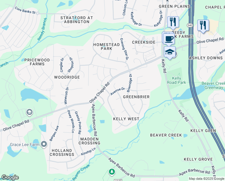 map of restaurants, bars, coffee shops, grocery stores, and more near 302 Averroe Drive in Apex