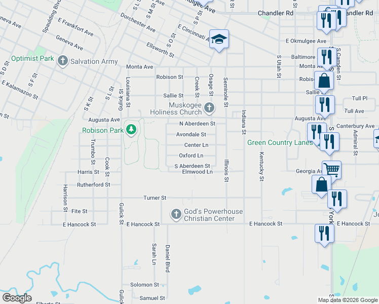 map of restaurants, bars, coffee shops, grocery stores, and more near 1619 Center Lane in Muskogee
