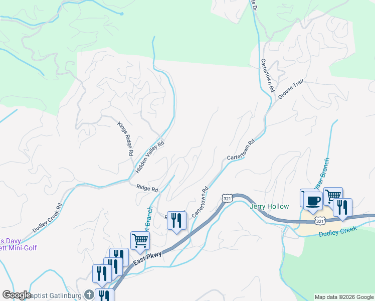 map of restaurants, bars, coffee shops, grocery stores, and more near 1115 Old Cartertown Road in Gatlinburg