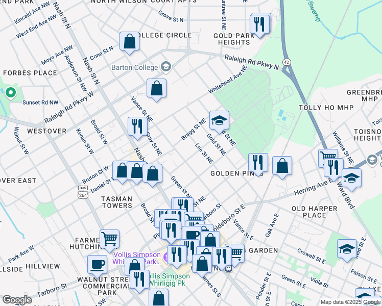 map of restaurants, bars, coffee shops, grocery stores, and more near 307 Hill Street Northeast in Wilson