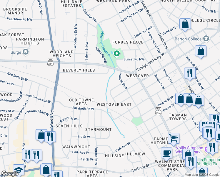 map of restaurants, bars, coffee shops, grocery stores, and more near 508 Westover Avenue West in Wilson