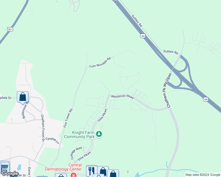 map of restaurants, bars, coffee shops, grocery stores, and more near 30 Autumn Gate Street in Pittsboro