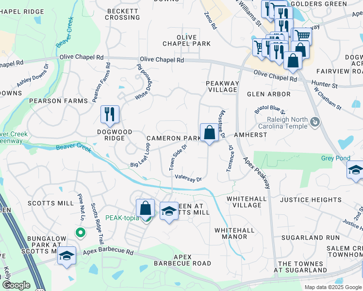 map of restaurants, bars, coffee shops, grocery stores, and more near in Apex