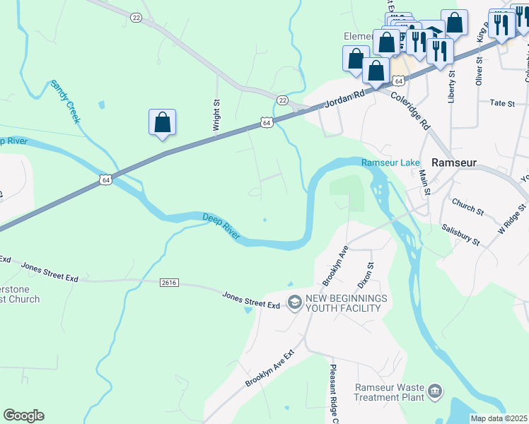 map of restaurants, bars, coffee shops, grocery stores, and more near 231 Greenhill Road in Ramseur