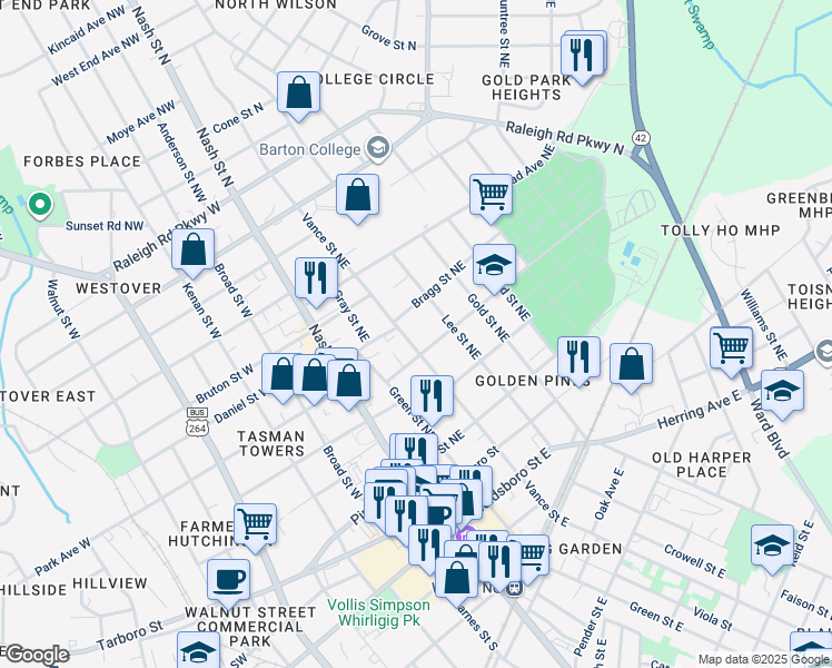 map of restaurants, bars, coffee shops, grocery stores, and more near 308 Bragg Street Northeast in Wilson