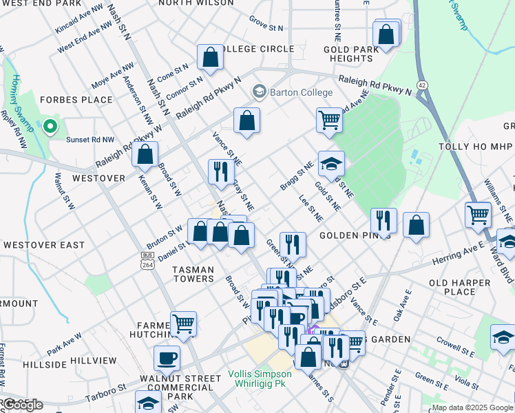 map of restaurants, bars, coffee shops, grocery stores, and more near 503 Vance Street East in Wilson