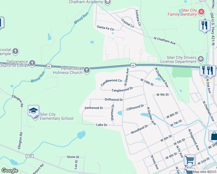 map of restaurants, bars, coffee shops, grocery stores, and more near 912 Tanglewood Drive in Siler City