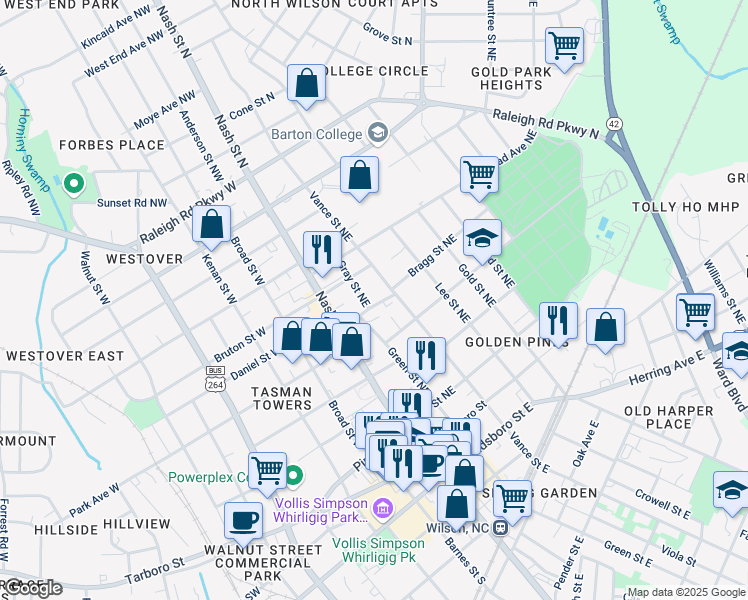 map of restaurants, bars, coffee shops, grocery stores, and more near 203 Bragg Street Northeast in Wilson