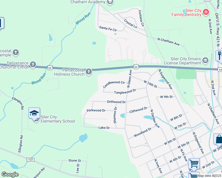 map of restaurants, bars, coffee shops, grocery stores, and more near 912 Tanglewood Drive in Siler City