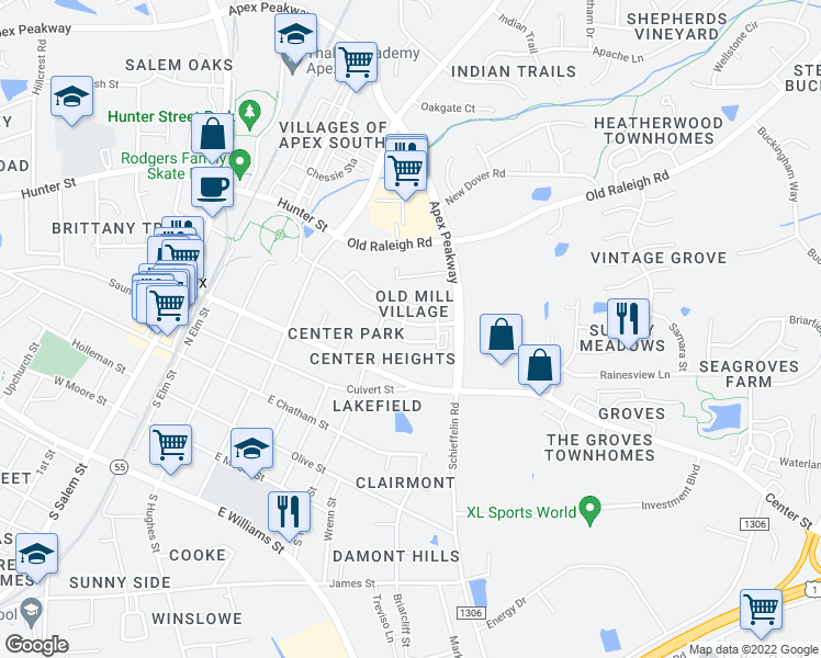 map of restaurants, bars, coffee shops, grocery stores, and more near 327 Old Mill Village Drive in Apex