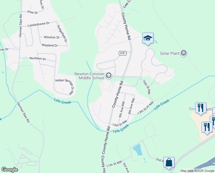 map of restaurants, bars, coffee shops, grocery stores, and more near 605 Northern Drive Northwest in Conover
