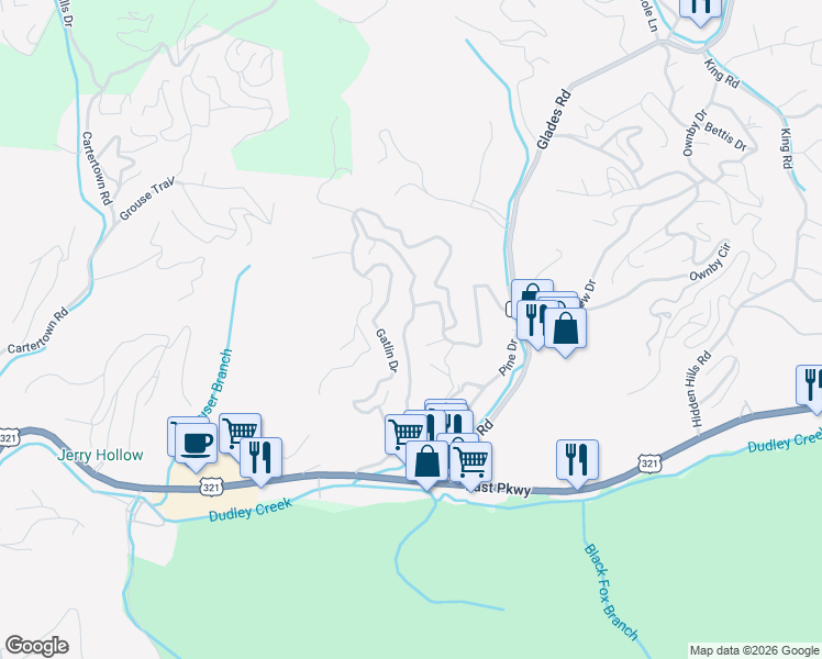 map of restaurants, bars, coffee shops, grocery stores, and more near 1318 King Drive in Gatlinburg