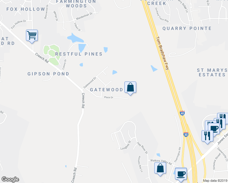 map of restaurants, bars, coffee shops, grocery stores, and more near 104 Hunting Circle in Garner