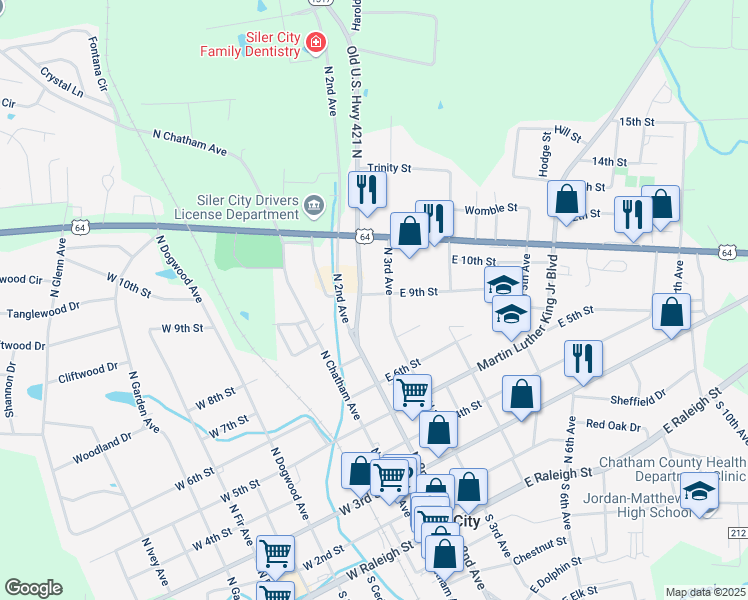 map of restaurants, bars, coffee shops, grocery stores, and more near 210 E 9th St in Siler City