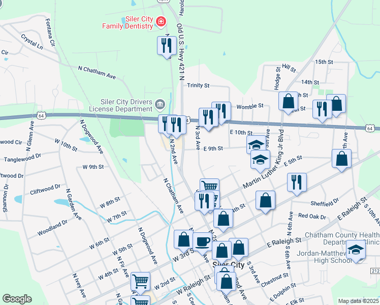 map of restaurants, bars, coffee shops, grocery stores, and more near 210 E 9th St in Siler City