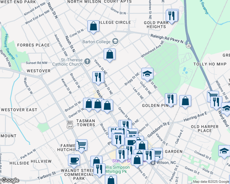 map of restaurants, bars, coffee shops, grocery stores, and more near 503 Vance Street East in Wilson