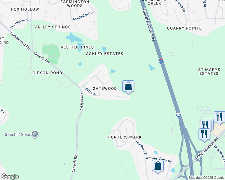 map of restaurants, bars, coffee shops, grocery stores, and more near 104 Hunting Circle in Garner