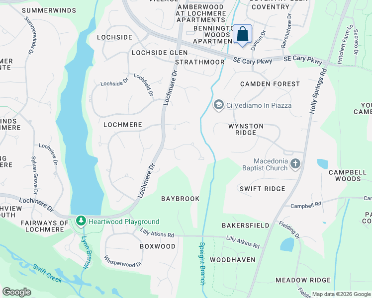map of restaurants, bars, coffee shops, grocery stores, and more near 108 Spring Hollow Lane in Cary