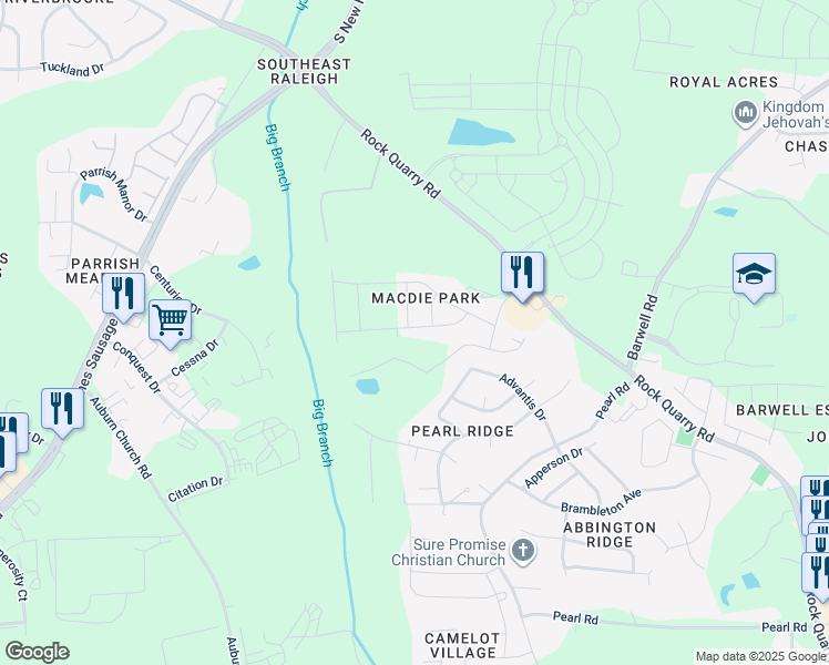 map of restaurants, bars, coffee shops, grocery stores, and more near 5210 Chipstone Drive in Raleigh