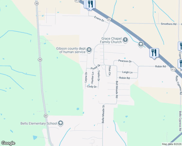 map of restaurants, bars, coffee shops, grocery stores, and more near 73 Porter Drive in Bells