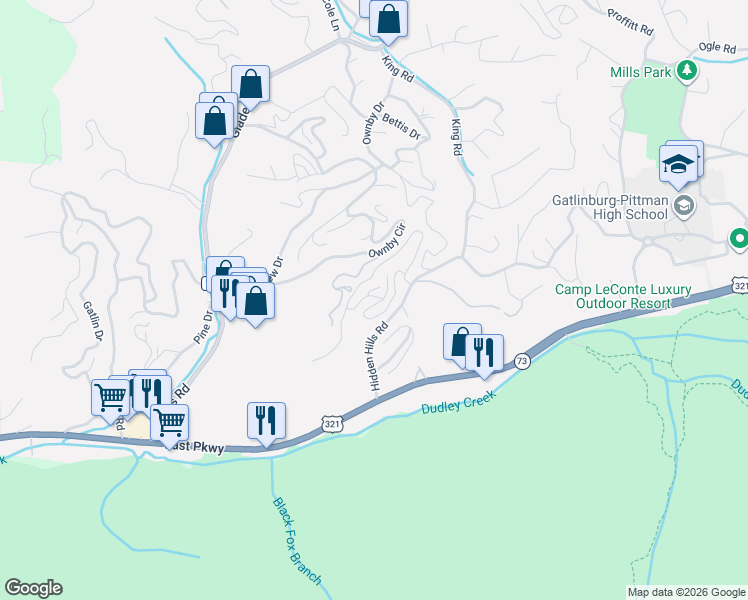 map of restaurants, bars, coffee shops, grocery stores, and more near 1612 Misty Hollow Road in Gatlinburg