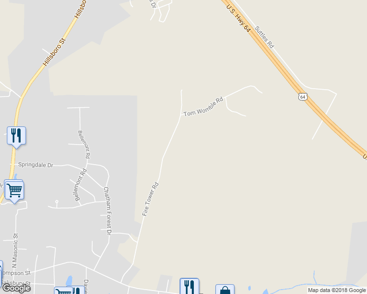 map of restaurants, bars, coffee shops, grocery stores, and more near 710 Fire Tower Road in Pittsboro