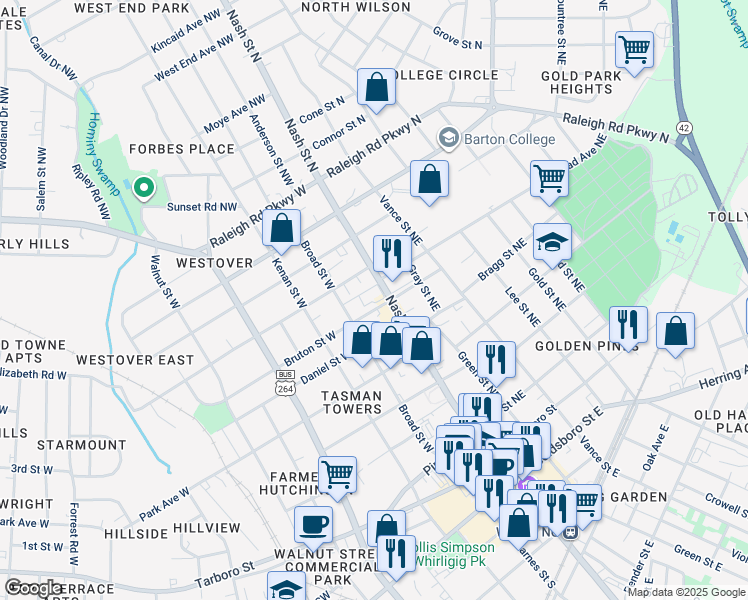 map of restaurants, bars, coffee shops, grocery stores, and more near 501 Nash Street in Wilson