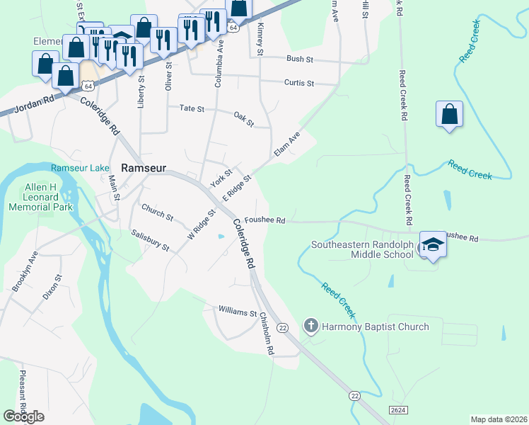 map of restaurants, bars, coffee shops, grocery stores, and more near 1283 Stout Street in Ramseur