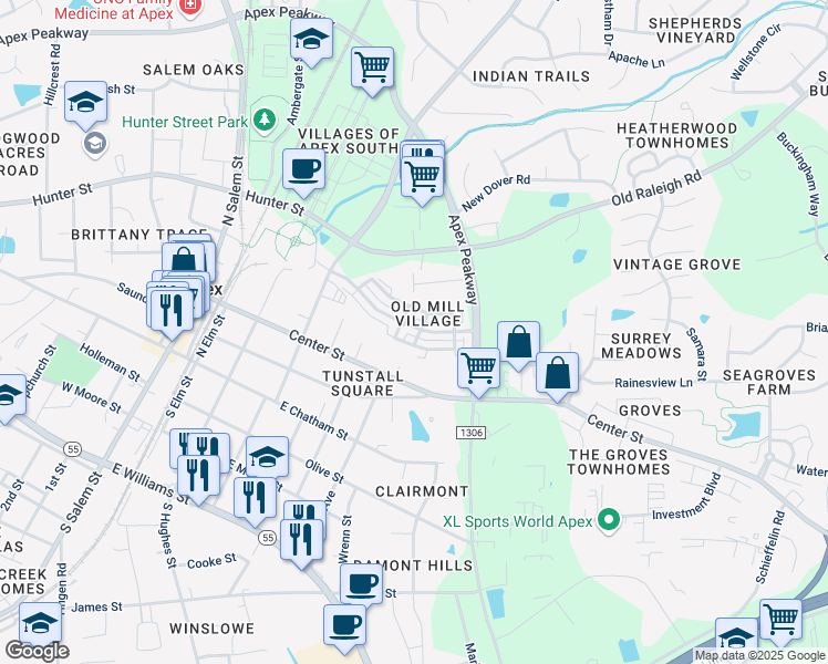 map of restaurants, bars, coffee shops, grocery stores, and more near 403 Old Mill Village Drive in Apex