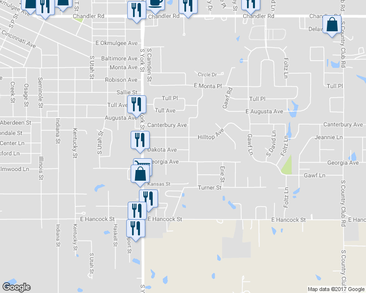 map of restaurants, bars, coffee shops, grocery stores, and more near 2520 Dakota Avenue in Muskogee
