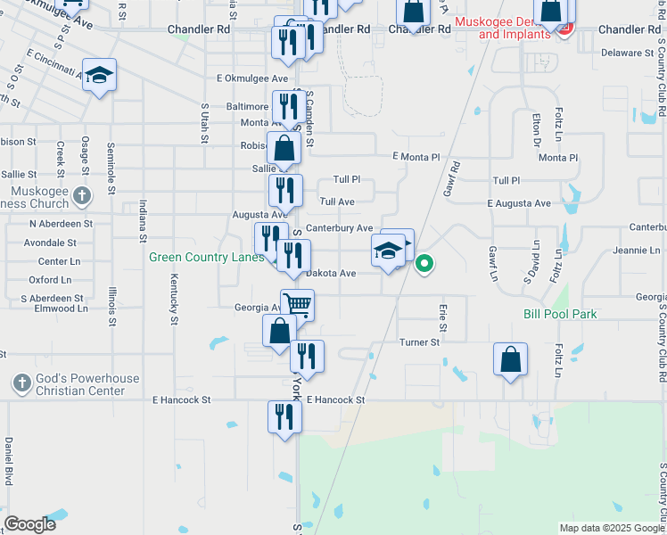 map of restaurants, bars, coffee shops, grocery stores, and more near 2424 Dakota Avenue in Muskogee
