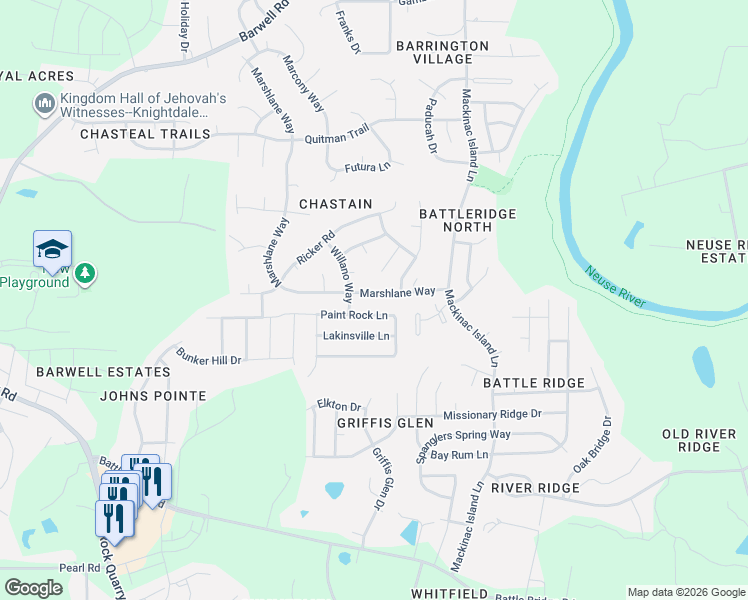 map of restaurants, bars, coffee shops, grocery stores, and more near 3734 Marshlane Way in Raleigh