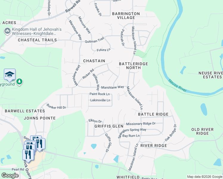 map of restaurants, bars, coffee shops, grocery stores, and more near 3734 Marshlane Way in Raleigh