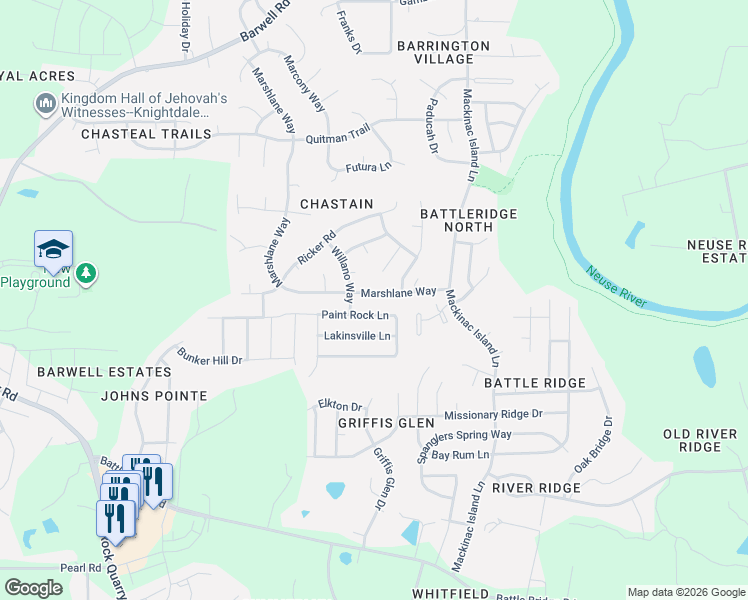 map of restaurants, bars, coffee shops, grocery stores, and more near 3734 Marshlane Way in Raleigh