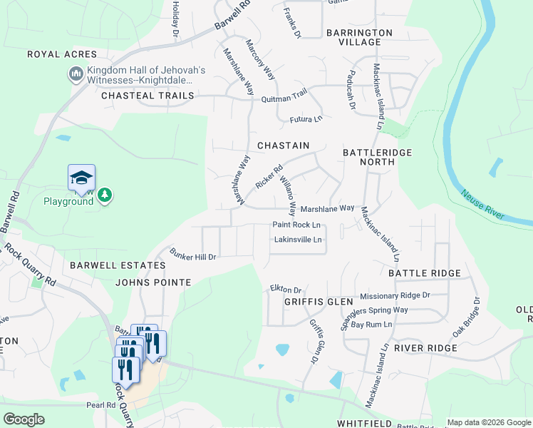 map of restaurants, bars, coffee shops, grocery stores, and more near 3644 Marshlane Way in Raleigh