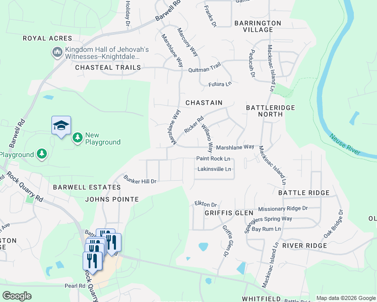 map of restaurants, bars, coffee shops, grocery stores, and more near 3644 Marshlane Way in Raleigh