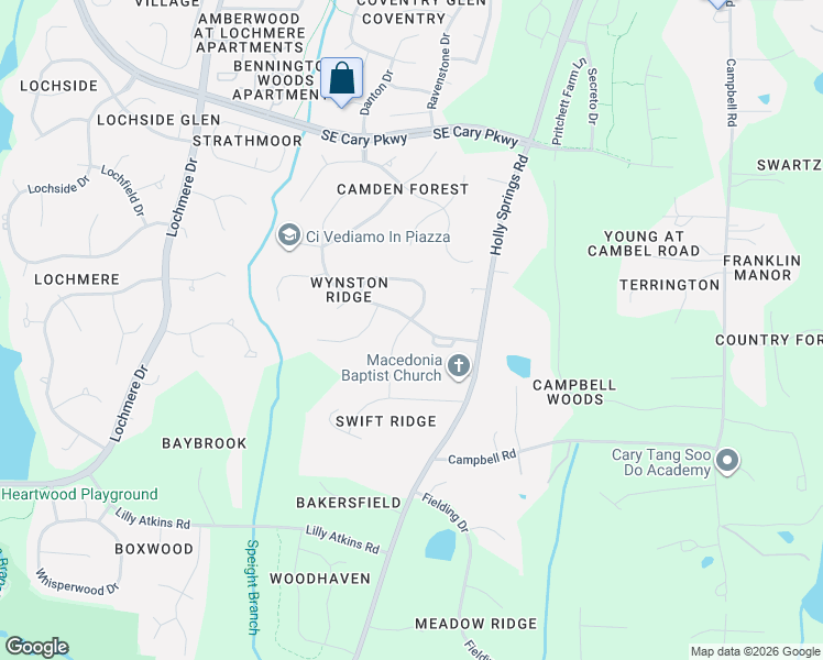 map of restaurants, bars, coffee shops, grocery stores, and more near 7031 Spring Ridge Road in Cary