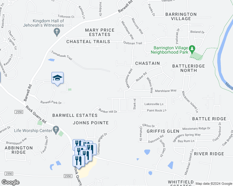 map of restaurants, bars, coffee shops, grocery stores, and more near 5808 Ricker Road in Raleigh