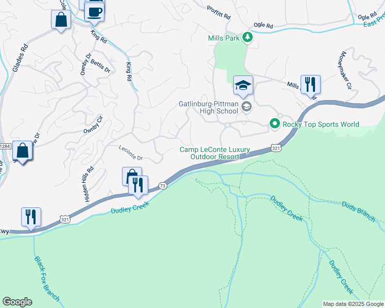 map of restaurants, bars, coffee shops, grocery stores, and more near 1824 Oriole Road in Gatlinburg