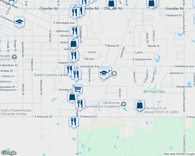map of restaurants, bars, coffee shops, grocery stores, and more near 2520 Dakota Avenue in Muskogee