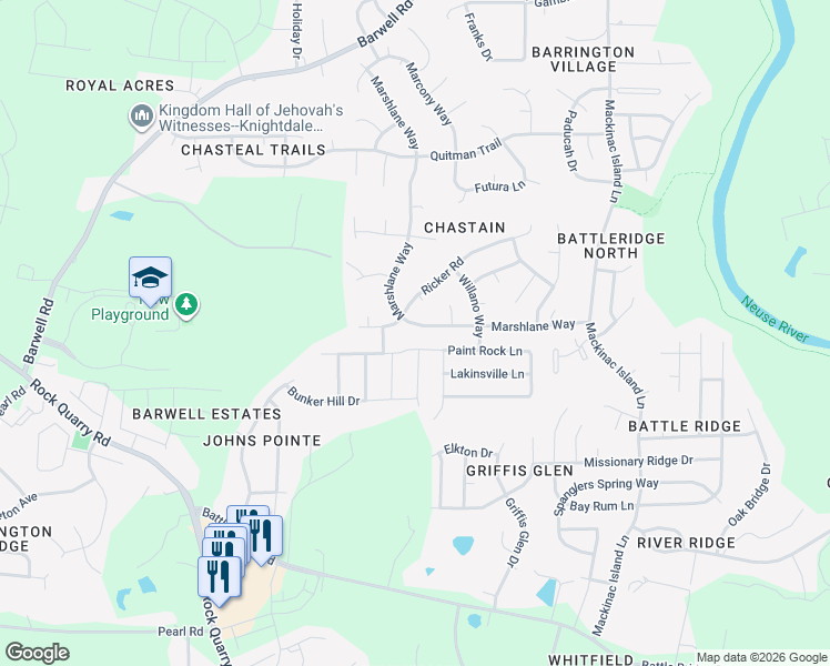 map of restaurants, bars, coffee shops, grocery stores, and more near 3604 Marshlane Way in Raleigh