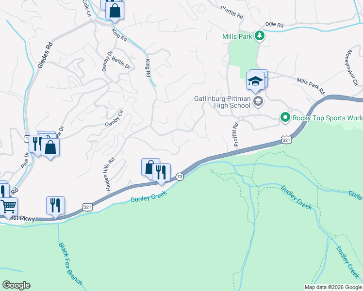 map of restaurants, bars, coffee shops, grocery stores, and more near 221 Woodland Road in Gatlinburg