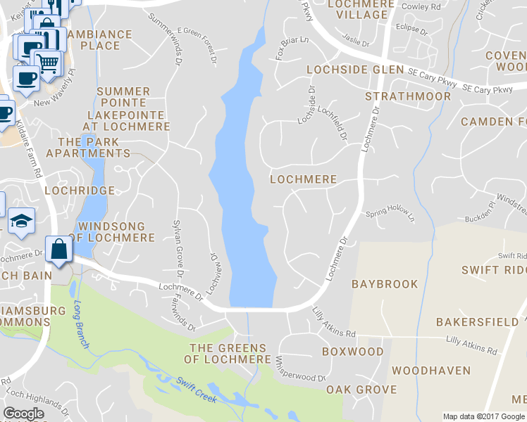 map of restaurants, bars, coffee shops, grocery stores, and more near 107 Windy Point Lane in Cary
