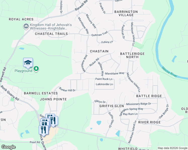 map of restaurants, bars, coffee shops, grocery stores, and more near 3644 Marshlane Way in Raleigh