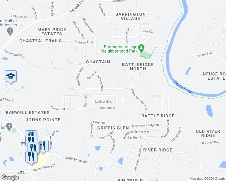 map of restaurants, bars, coffee shops, grocery stores, and more near 3734 Marshlane Way in Raleigh