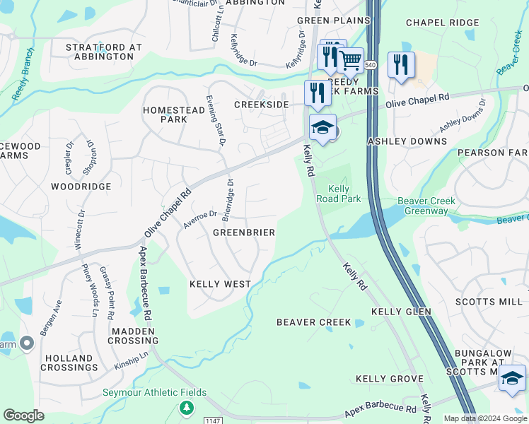 map of restaurants, bars, coffee shops, grocery stores, and more near 710 Averroe Drive in Apex